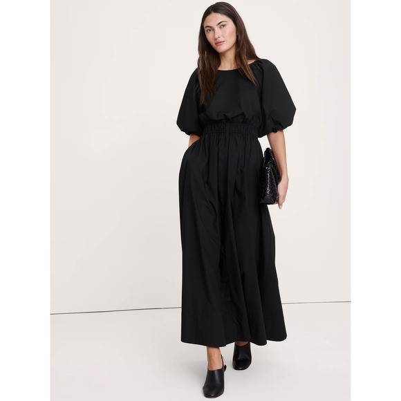 Banana Republic Dresses & Skirts - Banana Republic Fit & Flare Dress Size XL Black Scoop Neck Puff Sleeve Cotton
